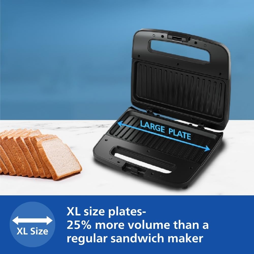 Philips HD2289/00 Panini Sandwich Maker XL Size | Black with Metallic Finish | Non Stick Plate | UHD Technology | Easy Locking | 700W