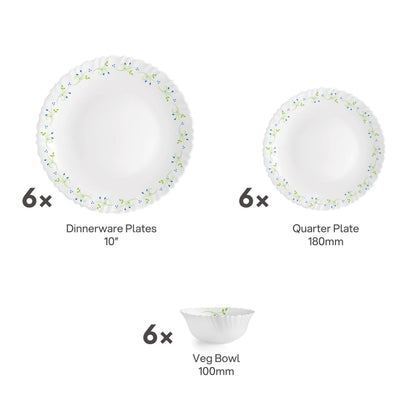 CELLO Tropical Lagoon Dazzle Series Opalware Dinner Set of 18 Pieces For Family of 6 | Bone-Ash Free & Leadfree Opal Glass, Microwave & Dishwasher Safe Plates & Bowls Crockery Set For Dining & Gifting