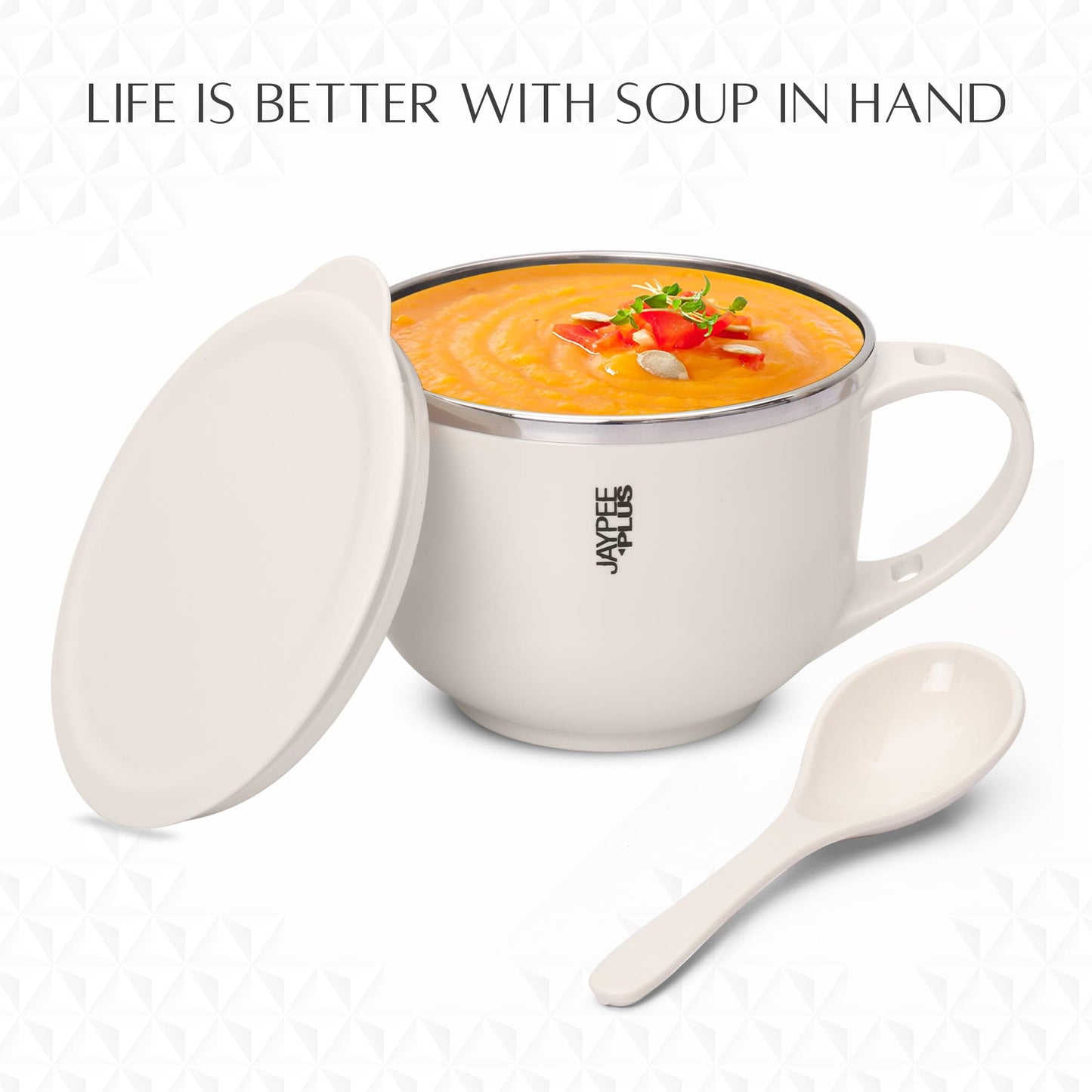 Jaypee Plus Stainless Steel Soup Bowl with Lid & Spoon Holder Souptok, Maggi Bowl Noodles Pasta Bowl, Mug for Milk, Best Diwali Gift, Mug for Kids, Girls, Boys, Birthday, Ivory 700 ml