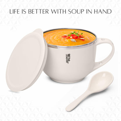 Jaypee Plus Stainless Steel Soup Bowl with Lid & Spoon Holder Souptok, Maggi Bowl Noodles Pasta Bowl, Mug for Milk, Best Diwali Gift, Mug for Kids, Girls, Boys, Birthday, Ivory 700 ml