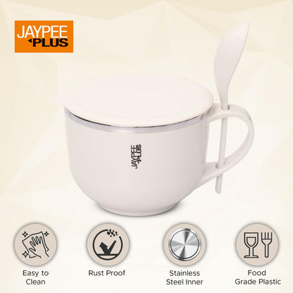 Jaypee Plus Stainless Steel Soup Bowl with Lid & Spoon Holder Souptok, Maggi Bowl Noodles Pasta Bowl, Mug for Milk, Best Diwali Gift, Mug for Kids, Girls, Boys, Birthday, Ivory 700 ml