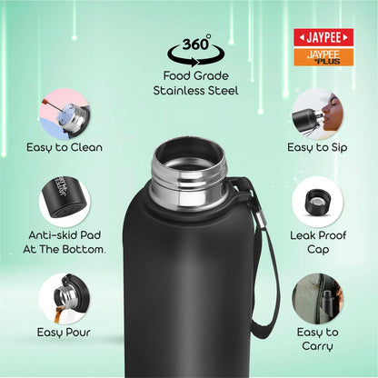 Jaypee Plus Alpha Vaccum Insulated Double Wall Thermosteel Flask 1000 ml Water Bottle ISI Certified 24 Hours Hot and Cold Water Bottle for School,Office,Gym, Leakproof, Rustproof Steel Bottle,Black