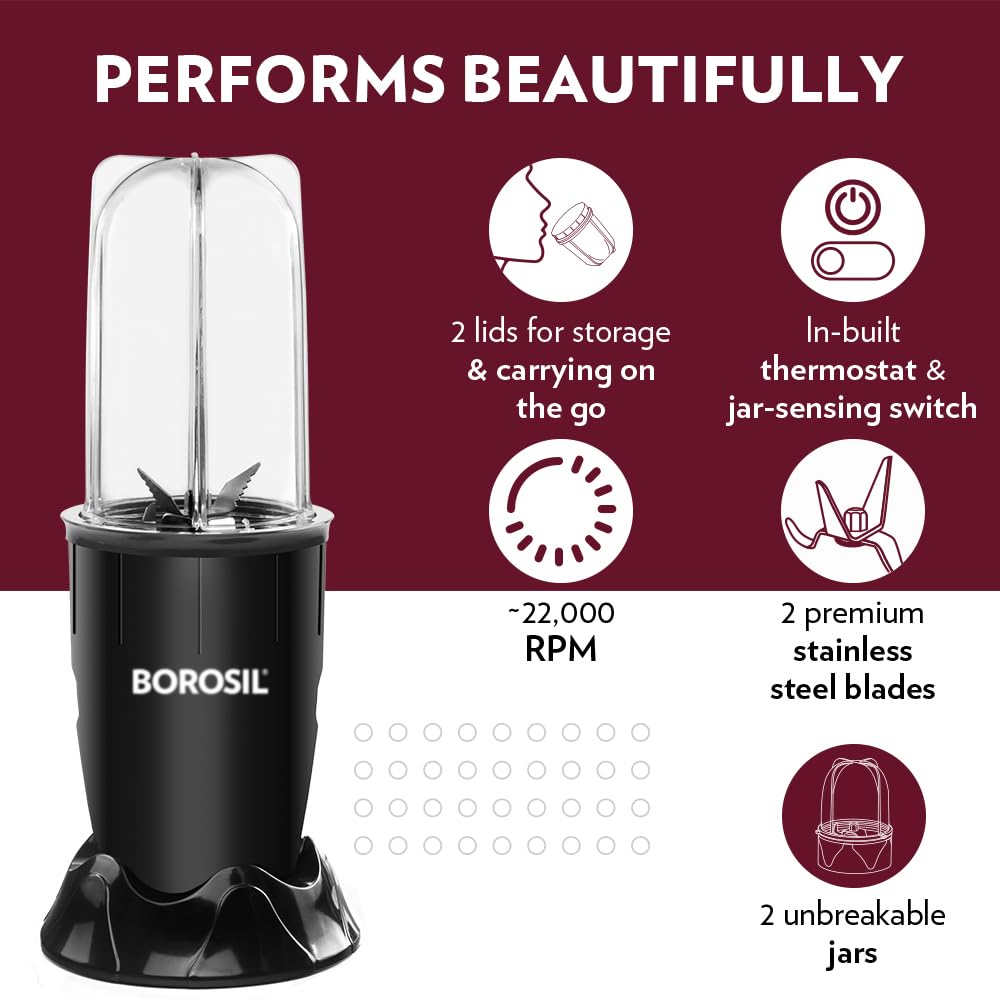 Borosil 400W Nutrifresh Black Blender | 2 Jars (500ml Direct Drink/Smoothie Jar + 300ml Chutney Jar) | Made in India Blender | Stainless Steel Blade, Compact Design | 2 Year Warranty