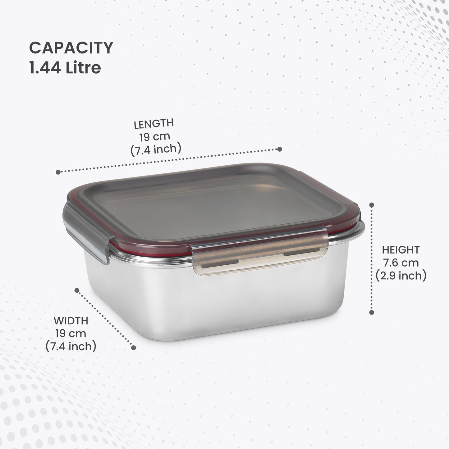 MILTON New Modulo Steel Square 1500 Container with lock lid|Airtight & Leakproof|Microwave & Oven safe| Light Weight | School, Office or Picnic use, 1440 ml, Silver