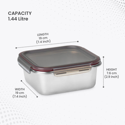 MILTON New Modulo Steel Square 1500 Container with lock lid|Airtight & Leakproof|Microwave & Oven safe| Light Weight | School, Office or Picnic use, 1440 ml, Silver