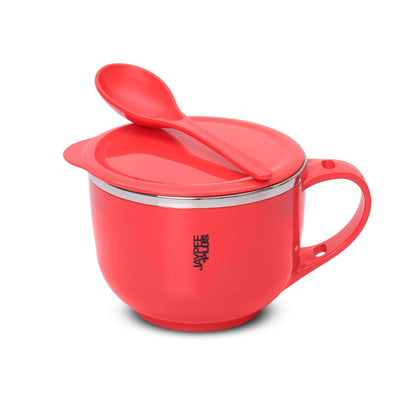 Jaypee Plus Stainless Steel Soup Bowl with Lid & Spoon Holder Souptok, Maggi Bowl Noodles Pasta Bowl, Mug for Milk, Best Diwali Gift, Mug for Kids, Girls, Boys, Birthday, Ivory 700 ml