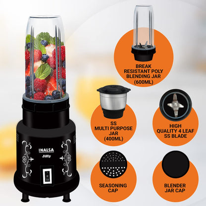 Inalsa Nutri Mixer-Jiffy|Grinder&Blender|Powerful 400W Motor|2 Speed|Unbreakable Blender Jar|Stainless Steel|Ss Blades|Multipurpose Jar|Made In India|1 Year Warranty|Black,400 Watt
