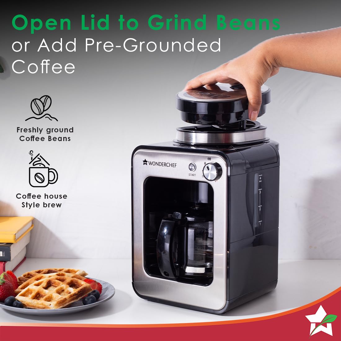 Wonderchef Regalia Bean-to-Cup Brew Coffee Maker with Grinder | Grind Coffee Beans | Get Fresh Aromatic Powder | Brew 4 cups | Glass Carafe | Easy Control Dial | 2 Years Warranty | Steel