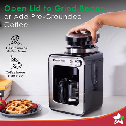 Wonderchef Regalia Bean-to-Cup Brew Coffee Maker with Grinder | Grind Coffee Beans | Get Fresh Aromatic Powder | Brew 4 cups | Glass Carafe | Easy Control Dial | 2 Years Warranty | Steel