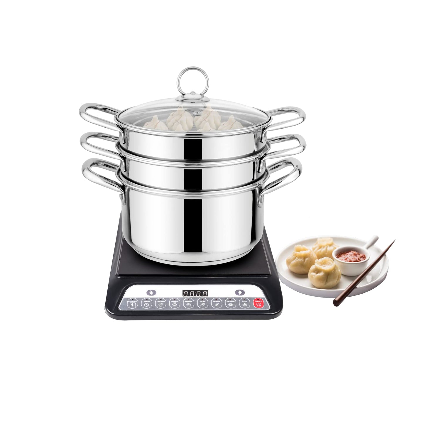 Prabha Stainless Steel Induction Base Steamer with Transparent Glass Lid, 3 Tier, Advanced Vapourisation with 2 Year Manufacturer Warranty
