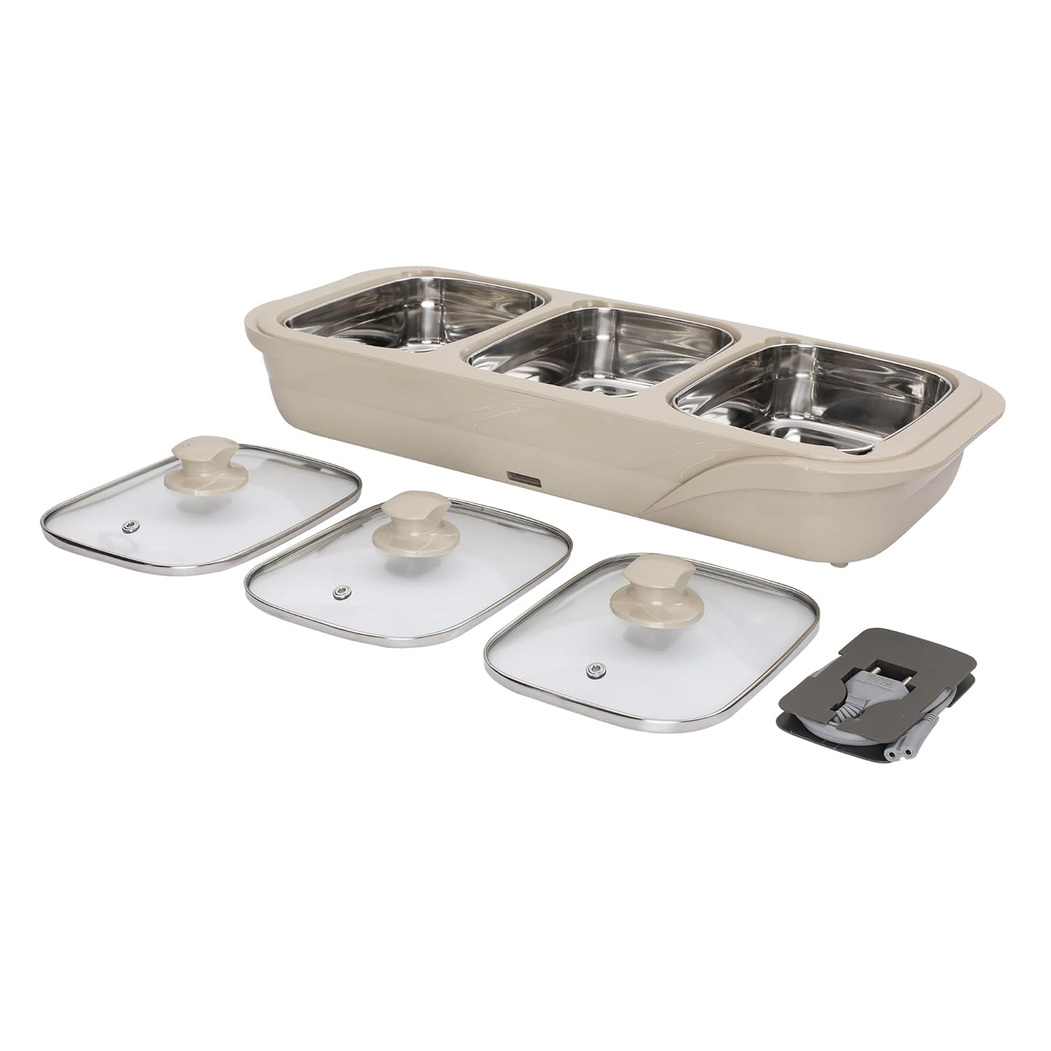 Jaypee Plus E-3 Bowl Electrical Serving Casserole Chafing Dish,1000ml Each |Stainless Steel 3 Dish Food Buffet Server |3 in 1 Electiric Bowl for Reheating Food, Beige
