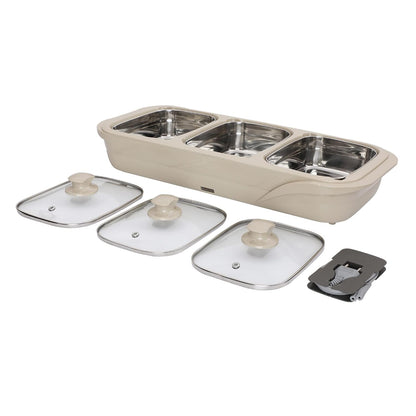 Jaypee Plus E-3 Bowl Electrical Serving Casserole Chafing Dish,1000ml Each |Stainless Steel 3 Dish Food Buffet Server |3 in 1 Electiric Bowl for Reheating Food, Beige