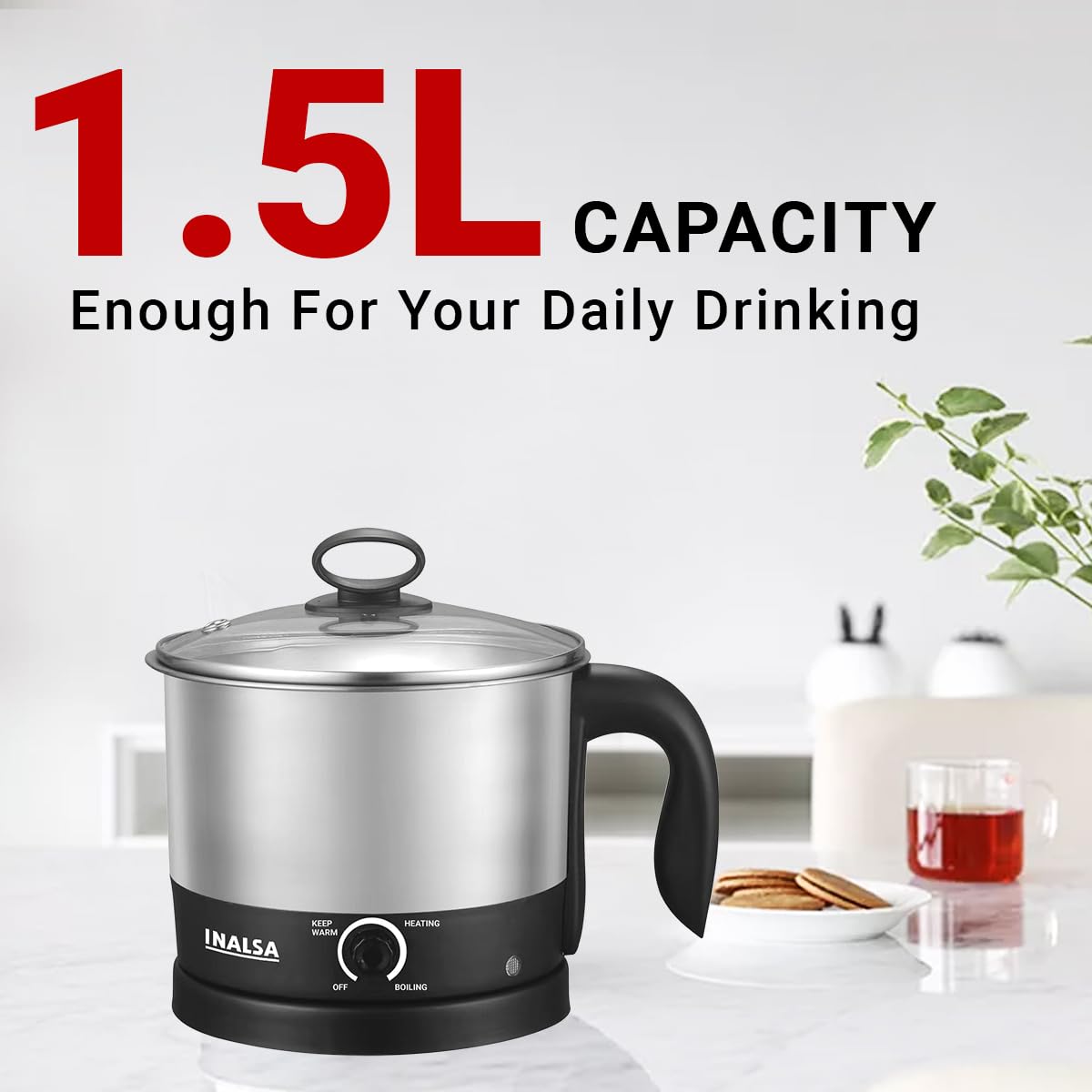 INALSA Stainless Steel Kettle 1.5 Litre|700 Watt|Cooking Kettle|3 Heating Modes| Rapid Boil Technology|See Through Lid| Over-Heat & Boil Dry Protection|Boil Water, Milk,(MultiCook Nu)