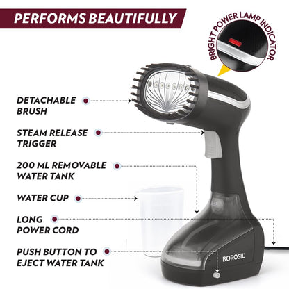Borosil 1000W Handheld Garment Steamer | Ceramic Coated Soleplate | Dual Steam Modes (Horizontal & Vertical Ironing) | 120ml Detachable Water Tank | Overheat Protection | 2 Year Warranty (GS01)