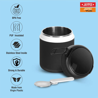 JAYPEE SoloMeal PUF Insulated Inner Stainless Steel Food Jar with Foldable Spoon|Hot/Cold Meal Jar for Kids|Office Women |Men|Food Storage Traveling Box Light Weight |Scratch Resistant|500 ml, Black