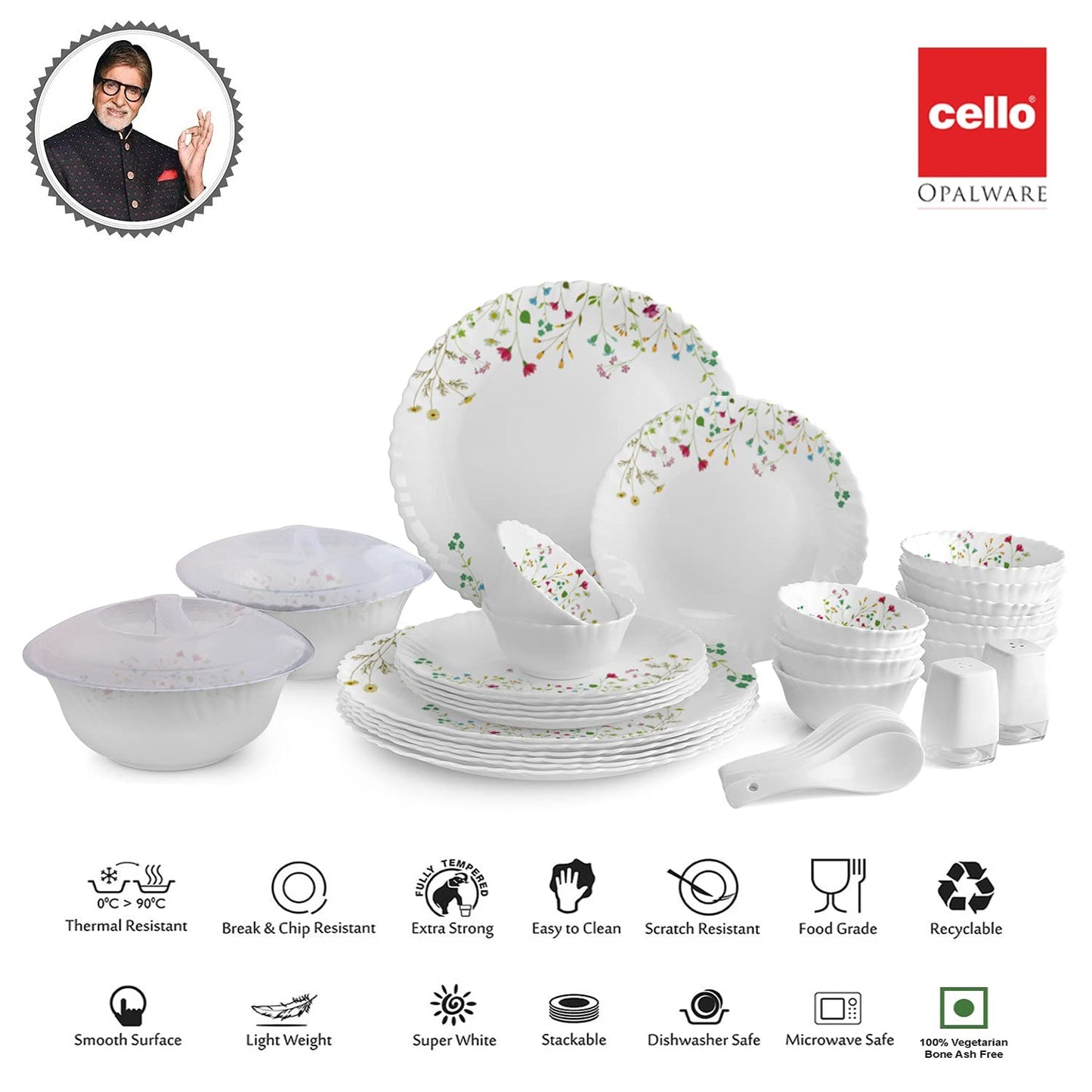 Cello Opalware Dinner Set - 37 Pieces, White