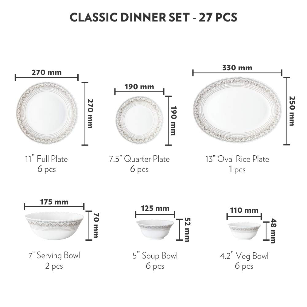 Larah by Borosil Fluted Series Classic Opalware Dinner Set | 27 Piece for Family of 6 | Microwave & Dishwasher Safe | Bone-Ash Free | Crockery Set for Dining & Gifting | Plates & Bowls | White