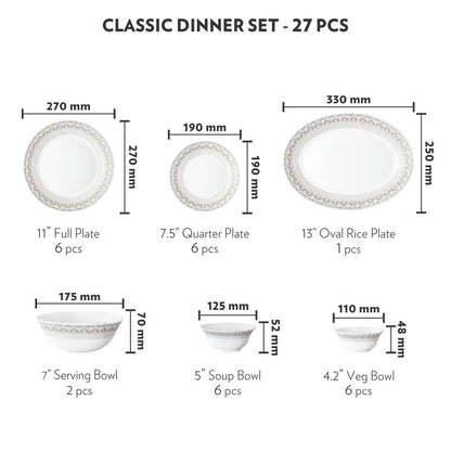 Larah by Borosil Fluted Series Classic Opalware Dinner Set | 27 Piece for Family of 6 | Microwave & Dishwasher Safe | Bone-Ash Free | Crockery Set for Dining & Gifting | Plates & Bowls | White