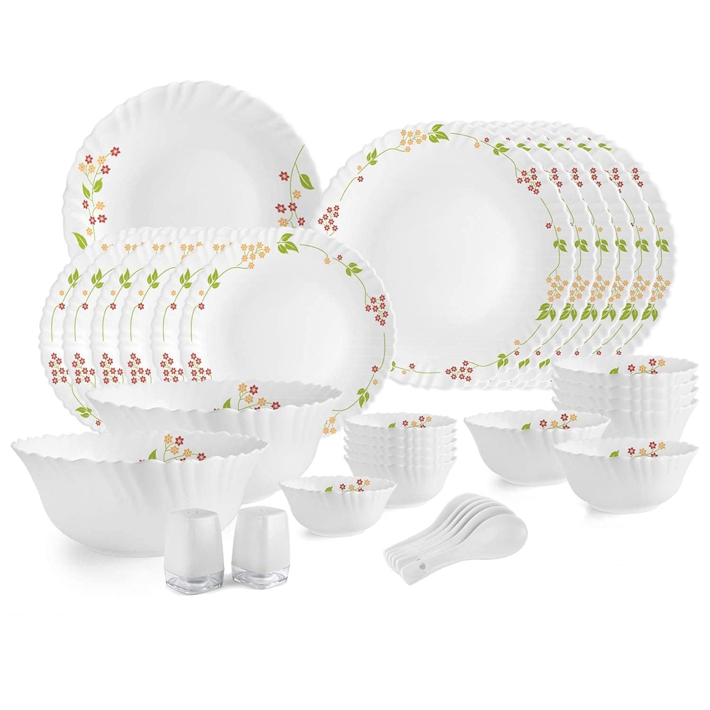 Cello Opalware Dazzle Series Secret Garden Dinner Set 35 Pieces Serving for 6 | Bone Ash-Free | Lightweight, Elegant White Plates & Bowls Set | Opal Glass Crockery Set for Daily Use Dinning & Gifting