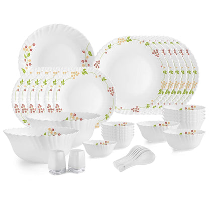 Cello Opalware Dazzle Series Secret Garden Dinner Set 35 Pieces Serving for 6 | Bone Ash-Free | Lightweight, Elegant White Plates & Bowls Set | Opal Glass Crockery Set for Daily Use Dinning & Gifting