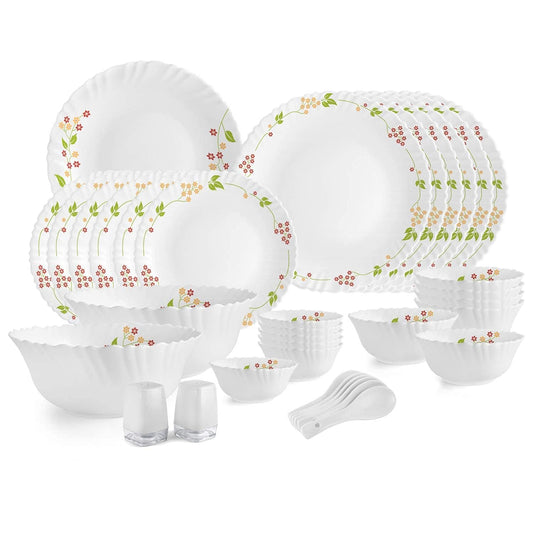 Cello Opalware Dazzle Series Secret Garden Dinner Set 35 Pieces Serving for 6 | Bone Ash-Free | Lightweight, Elegant White Plates & Bowls Set | Opal Glass Crockery Set for Daily Use Dinning & Gifting