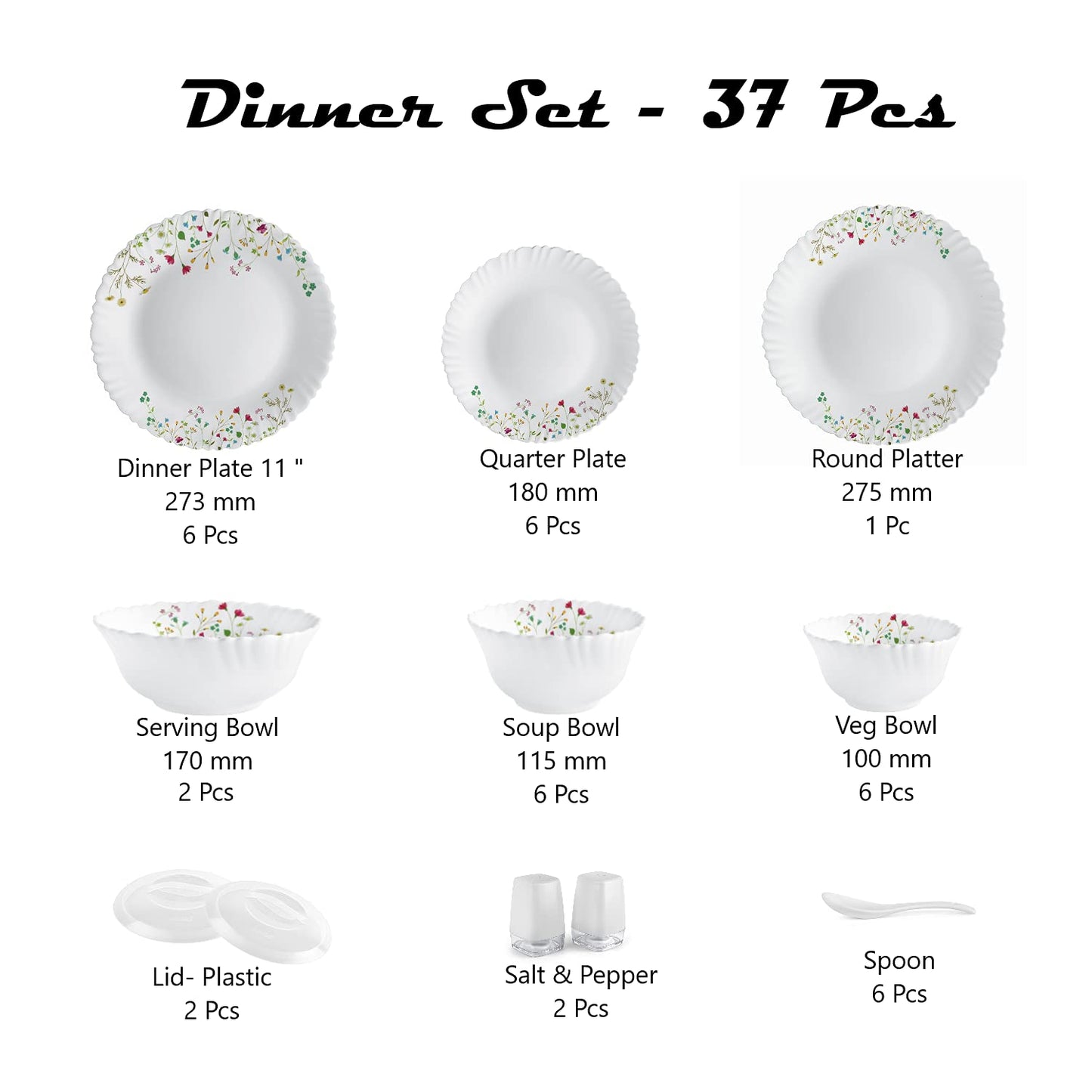 Cello Opalware Dinner Set - 37 Pieces, White