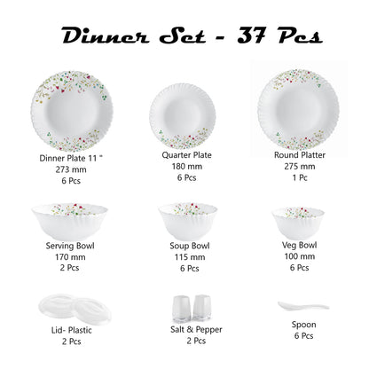 Cello Opalware Dinner Set - 37 Pieces, White