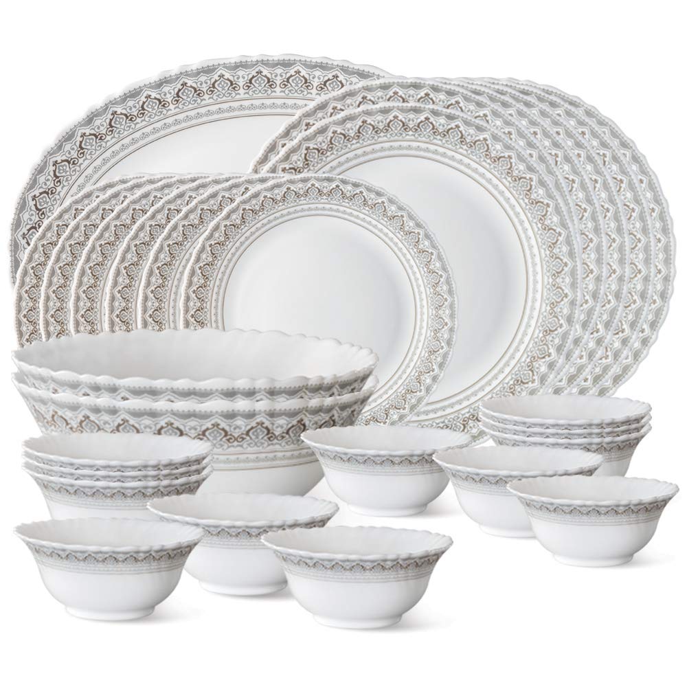 Larah by Borosil Fluted Series Classic Opalware Dinner Set | 27 Piece for Family of 6 | Microwave & Dishwasher Safe | Bone-Ash Free | Crockery Set for Dining & Gifting | Plates & Bowls | White