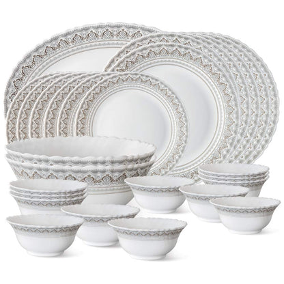 Larah by Borosil Fluted Series Classic Opalware Dinner Set | 27 Piece for Family of 6 | Microwave & Dishwasher Safe | Bone-Ash Free | Crockery Set for Dining & Gifting | Plates & Bowls | White