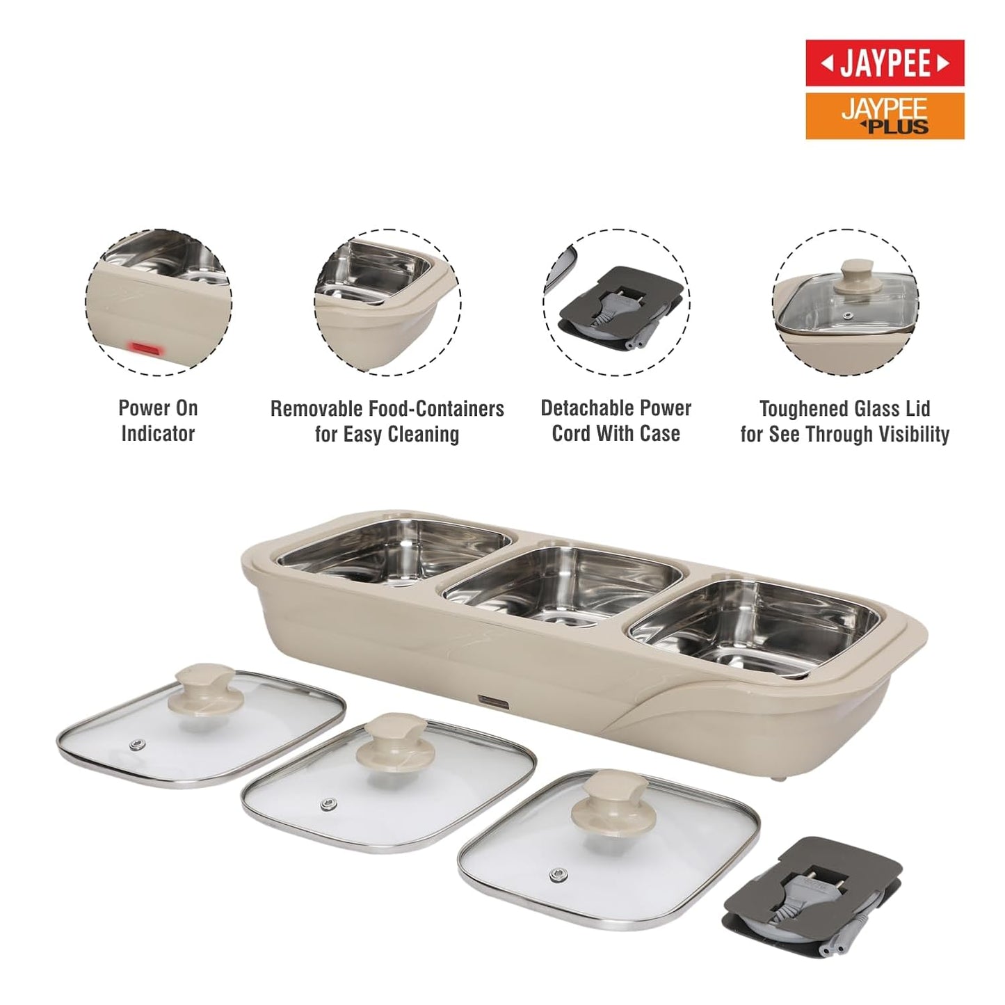 Jaypee Plus E-3 Bowl Electrical Serving Casserole Chafing Dish,1000ml Each |Stainless Steel 3 Dish Food Buffet Server |3 in 1 Electiric Bowl for Reheating Food, Beige