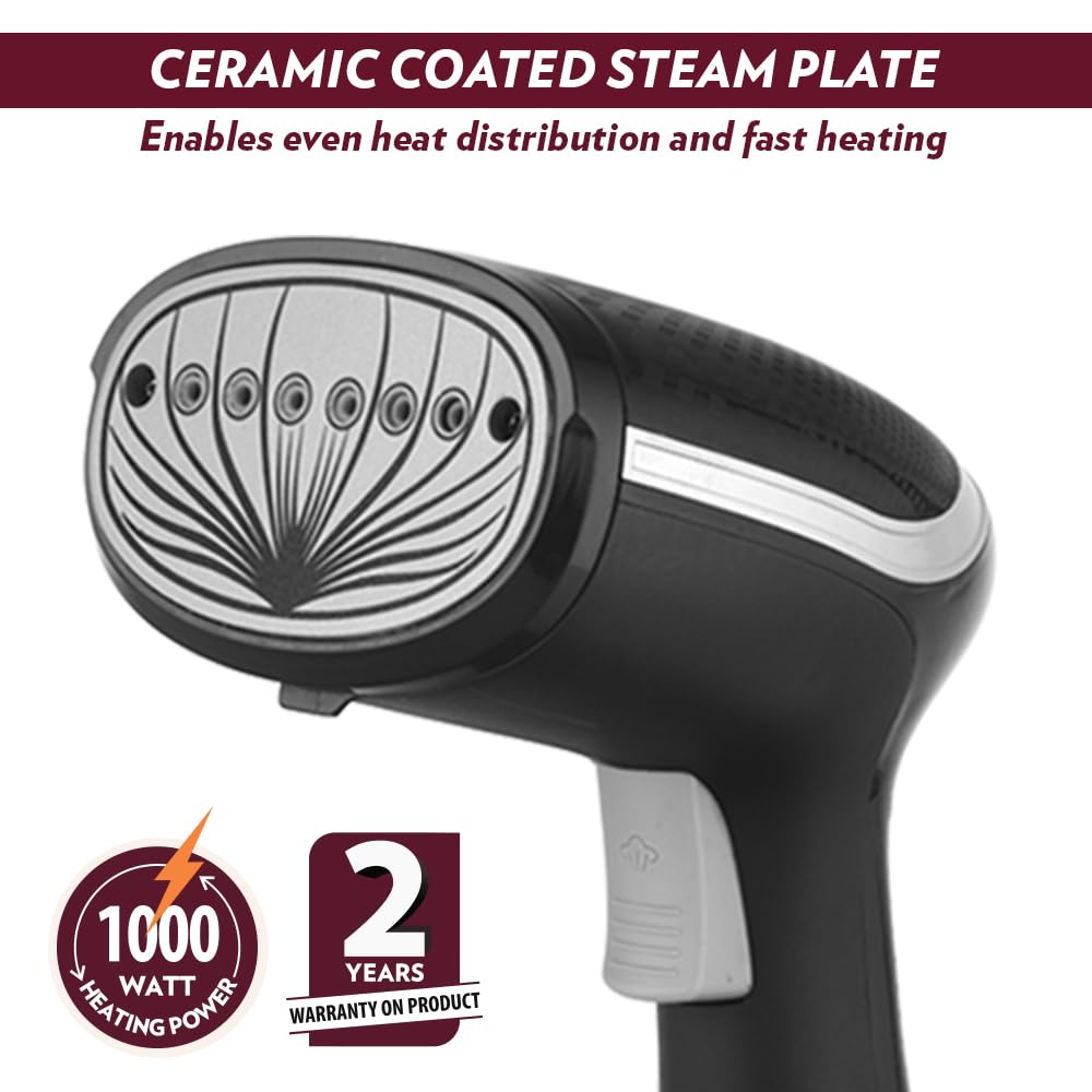 Borosil 1000W Handheld Garment Steamer | Ceramic Coated Soleplate | Dual Steam Modes (Horizontal & Vertical Ironing) | 120ml Detachable Water Tank | Overheat Protection | 2 Year Warranty (GS01)
