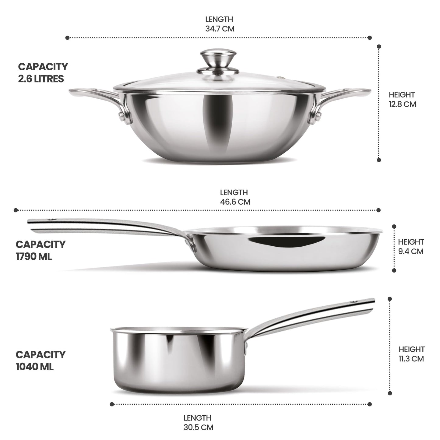 Milton Pro Cook Induction Cookware & Gas Stove Friendly Triply Stainless Steel 4Pc Cookware Set | Tea Pan 16 cm | Fry Pan 22 cm | Kadai with Glass Lid 24 cm | Even & Fast Cooking | 3 Years Warranty