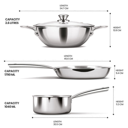 Milton Pro Cook Induction Cookware & Gas Stove Friendly Triply Stainless Steel 4Pc Cookware Set | Tea Pan 16 cm | Fry Pan 22 cm | Kadai with Glass Lid 24 cm | Even & Fast Cooking | 3 Years Warranty