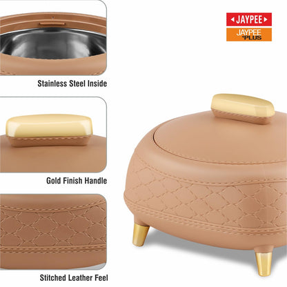 JAYPEE Kingston Stitched Leather Luxurious Outer & Inner Stainless Steel Casserole Set of 3 with Lid (1500+2000+2500) ml PUF Insulated Hot Box for Kitchen Roti Box Hot Pot Serving Casserole,White