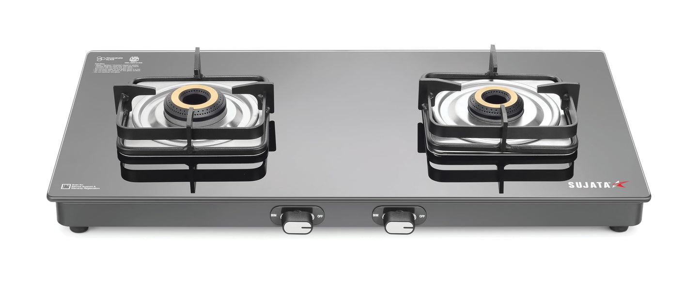 Sujata Gas Stove 3 Burner | Classic Gas Stove Manual Ignition | 9 Years Warranty | 3 Burner Gas Stove Glass Top | SABAF | ISI Certified | LPG & PNG Compatible With Jumbo Brass Burner (Black)