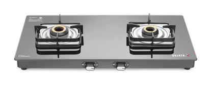 Sujata Gas Stove 3 Burner | Classic Gas Stove Manual Ignition | 9 Years Warranty | 3 Burner Gas Stove Glass Top | SABAF | ISI Certified | LPG & PNG Compatible With Jumbo Brass Burner (Black)
