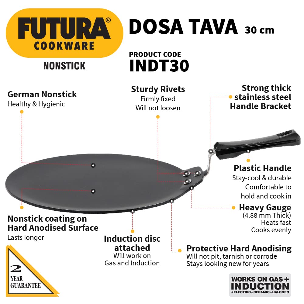 FUTURA Hawkins 30 cm Dosa Tava, Non Stick Dosa Tawa, Induction Dosa Tawa, Black (INDT30)
