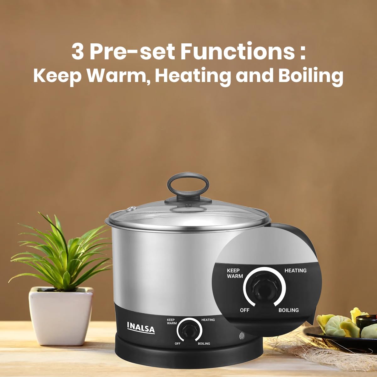 INALSA Stainless Steel Kettle 1.5 Litre|700 Watt|Cooking Kettle|3 Heating Modes| Rapid Boil Technology|See Through Lid| Over-Heat & Boil Dry Protection|Boil Water, Milk,(MultiCook Nu)