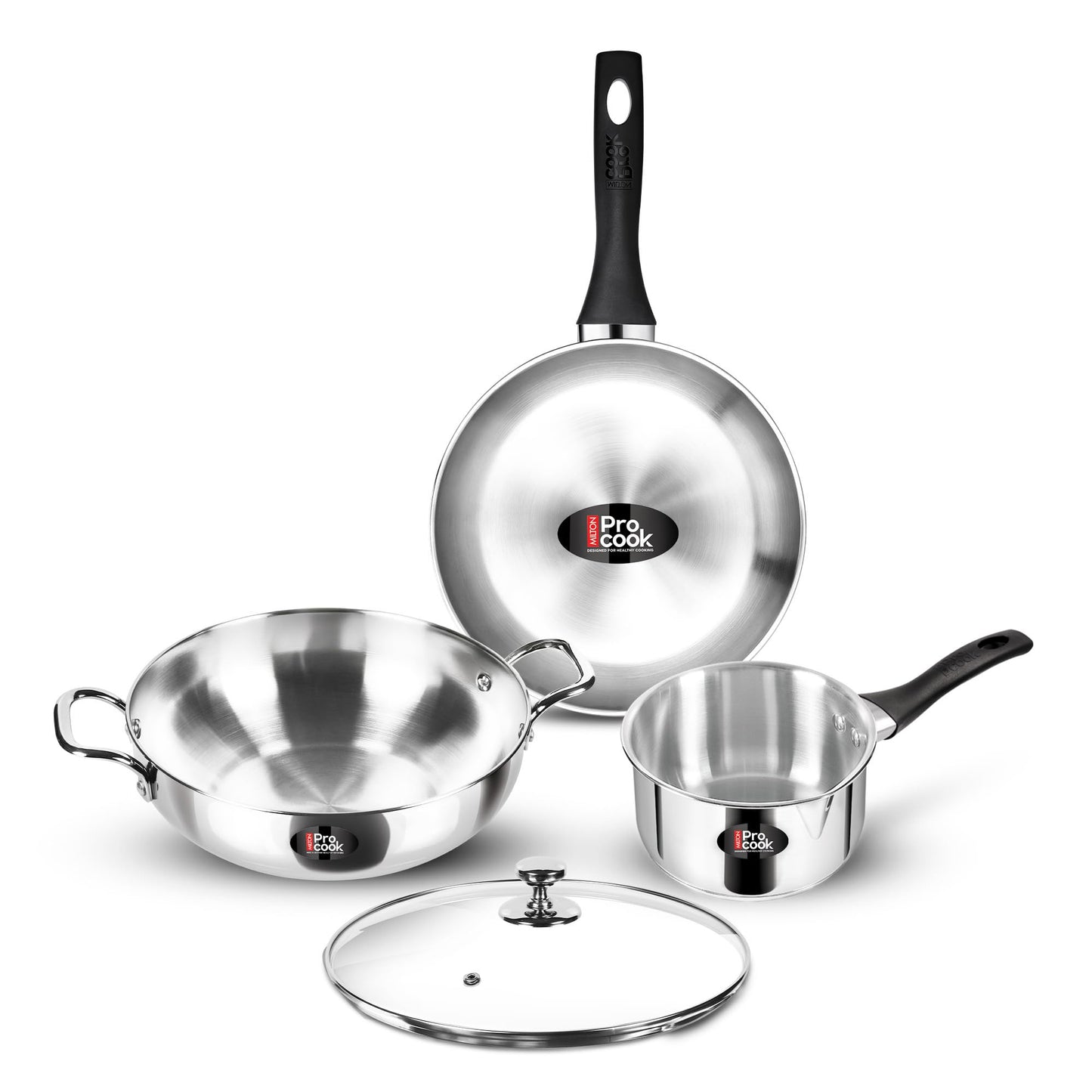 Milton Pro Cook Induction Cookware & Gas Stove Friendly Stainless Steel Sandwich Bottom 4 Pc Kitchen Set | Cooking Pan | Sauce Pan | Kadhai with Lid | Durable Cookware Set | 2 Year Warranty