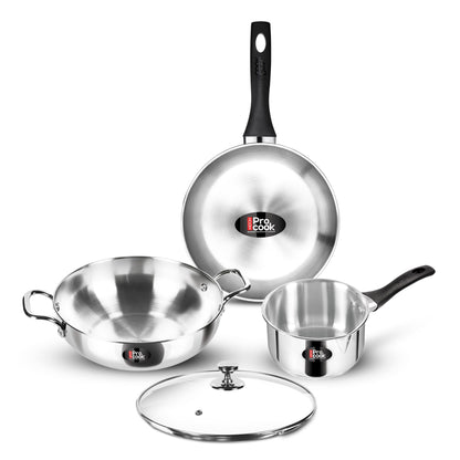 Milton Pro Cook Induction Cookware & Gas Stove Friendly Stainless Steel Sandwich Bottom 4 Pc Kitchen Set | Cooking Pan | Sauce Pan | Kadhai with Lid | Durable Cookware Set | 2 Year Warranty