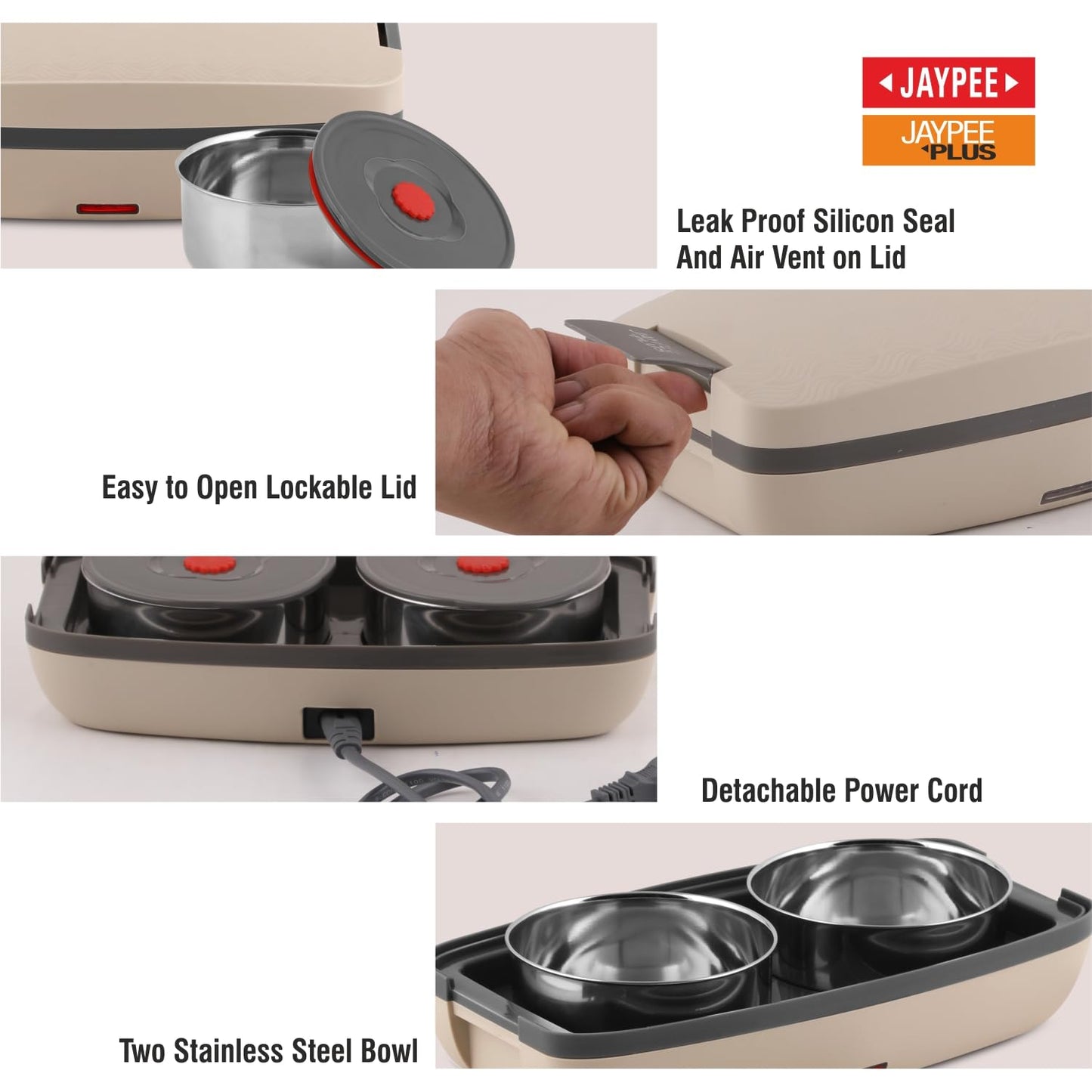 Jaypee Plus Hotpot Electric Lunch Box with 2 Removable Stainless Steel Containers 250 ml x2 with Power Cord |Air Vent on Lid |Leakproof Silicon Seal|LED Indicator |Shockproof | Beige