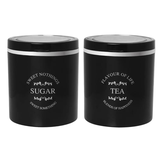 Jaypee Plus Classique 2 Tea Coffee Sugar Storage Container Set 750 ml Airtight Plastic canisters Tea containers for kitchen | Silicon rubber lock Stackable glossy finish transparent Lid, Black