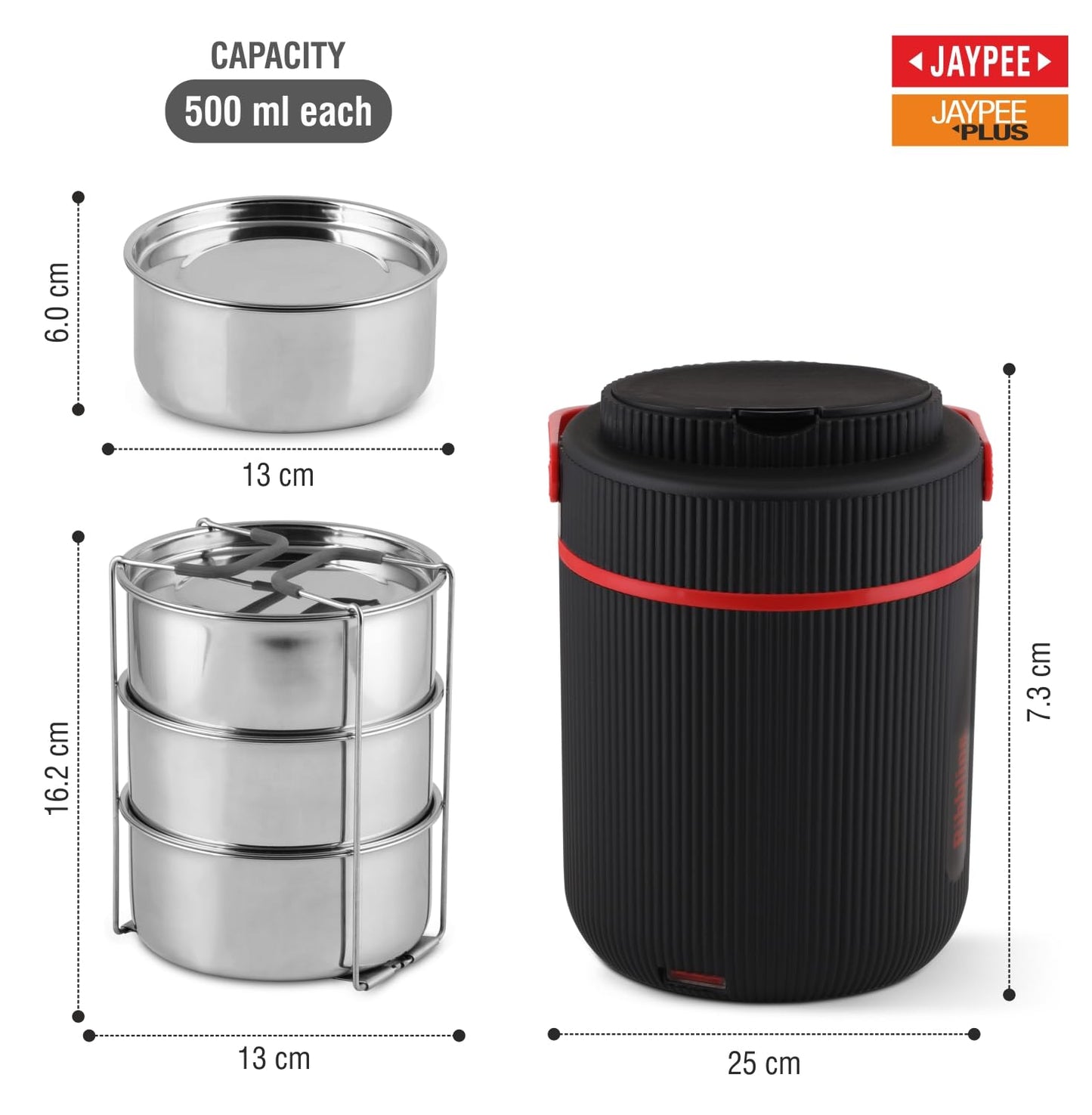Jaypee Plus Ribbline Electric Lunch Box with 3 Stainless Steel Container (500 ml x3) Office Lunch Box for Men & Women with Spoon, 1 Small Box Leakproof Tiffin Box for Reheating Food,Black