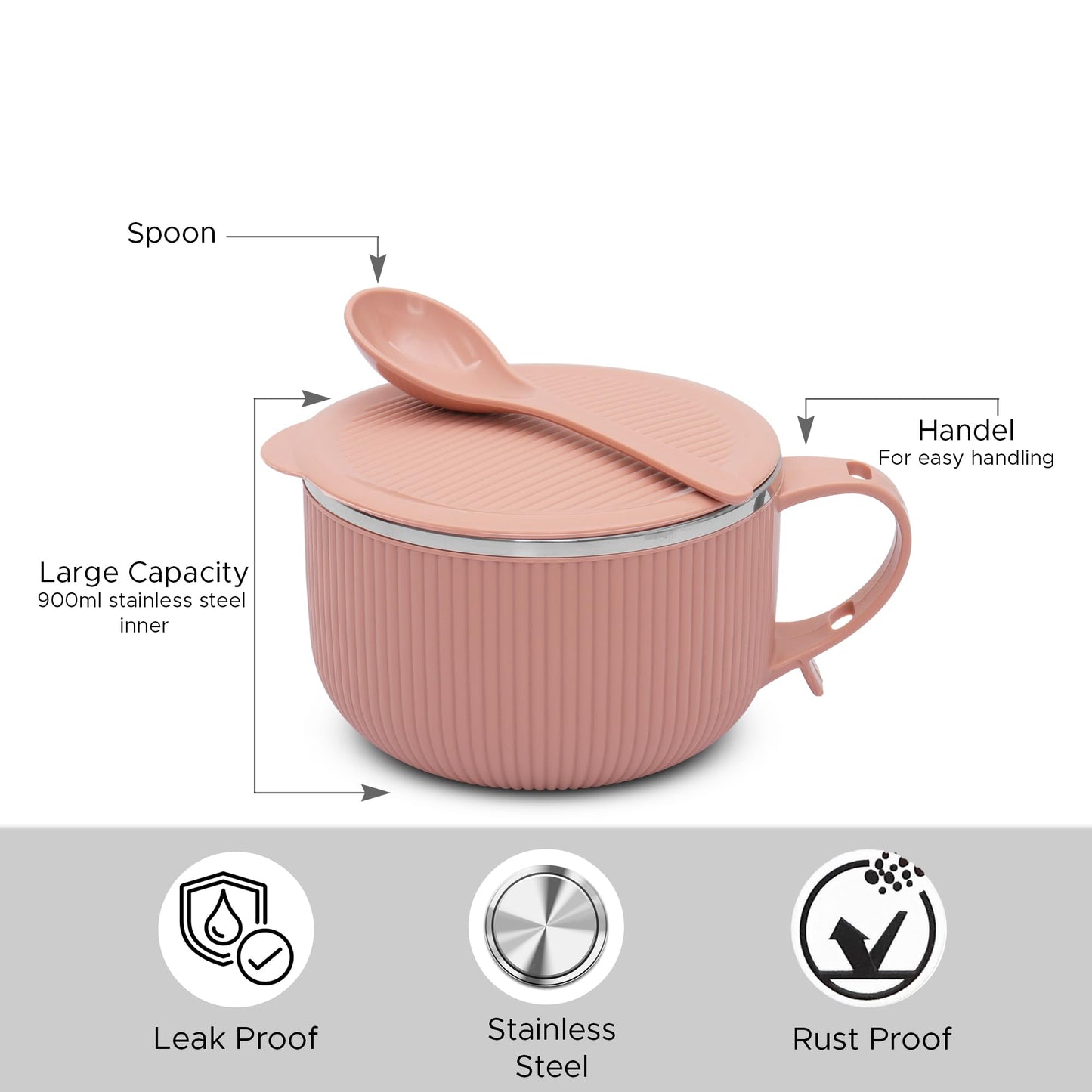 Jaypee Plus Stainless Steel Soup Bowl with Lid & Spoon Holder Souptok, Maggi Bowl Noodles Pasta Bowl, Mug for Milk, Best Diwali Gift, Mug for Kids, Girls, Boys, Birthday, Ivory 700 ml