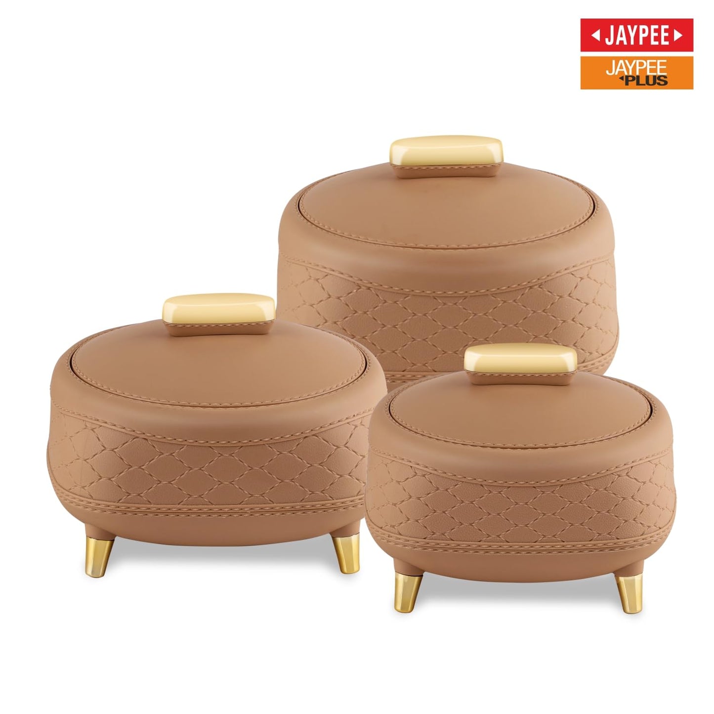 JAYPEE Kingston Stitched Leather Luxurious Outer & Inner Stainless Steel Casserole Set of 3 with Lid (1500+2000+2500) ml PUF Insulated Hot Box for Kitchen Roti Box Hot Pot Serving Casserole,White