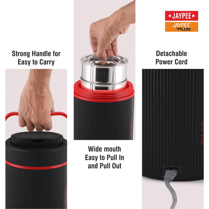 Jaypee Plus Ribbline Electric Lunch Box with 3 Stainless Steel Container (500 ml x3) Office Lunch Box for Men & Women with Spoon, 1 Small Box Leakproof Tiffin Box for Reheating Food,Black