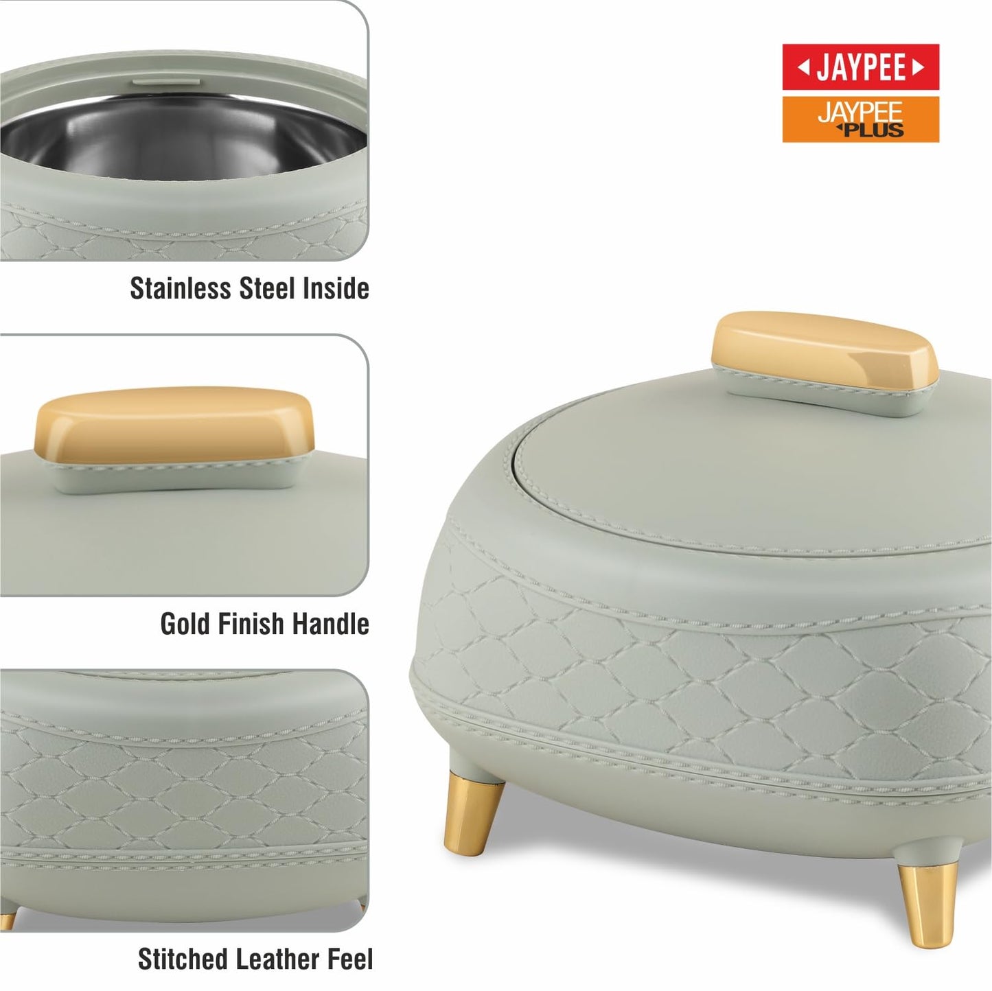 JAYPEE Kingston Stitched Leather Luxurious Outer & Inner Stainless Steel Casserole Set of 3 with Lid (1500+2000+2500) ml PUF Insulated Hot Box for Kitchen Roti Box Hot Pot Serving Casserole,White