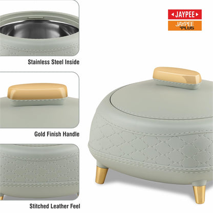 JAYPEE Kingston Stitched Leather Luxurious Outer & Inner Stainless Steel Casserole Set of 3 with Lid (1500+2000+2500) ml PUF Insulated Hot Box for Kitchen Roti Box Hot Pot Serving Casserole,White