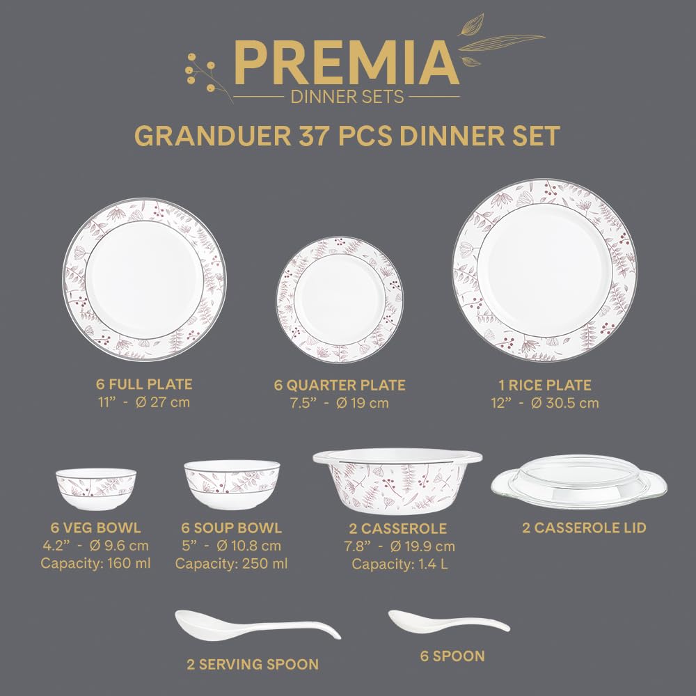 Larah by Borosil Premia Series Grandeur Opalware Dinner Set | 37 Piece for Family of 6 | Microwave & Dishwasher Safe | Bone-Ash Free | Crockery Set for Dining & Gifting | Plates & Bowls | White