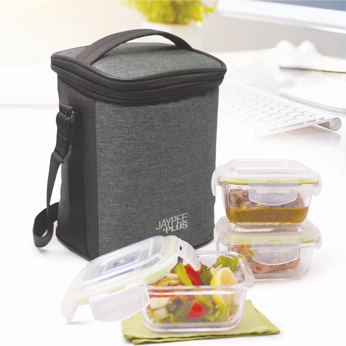 Jaypee Plus Klarozip Square 3 Microwave Safe Lunch Box for Office Glass Container Set of 3 (320+320+320) ml Transparent Container Leak Proof Tiffin Box